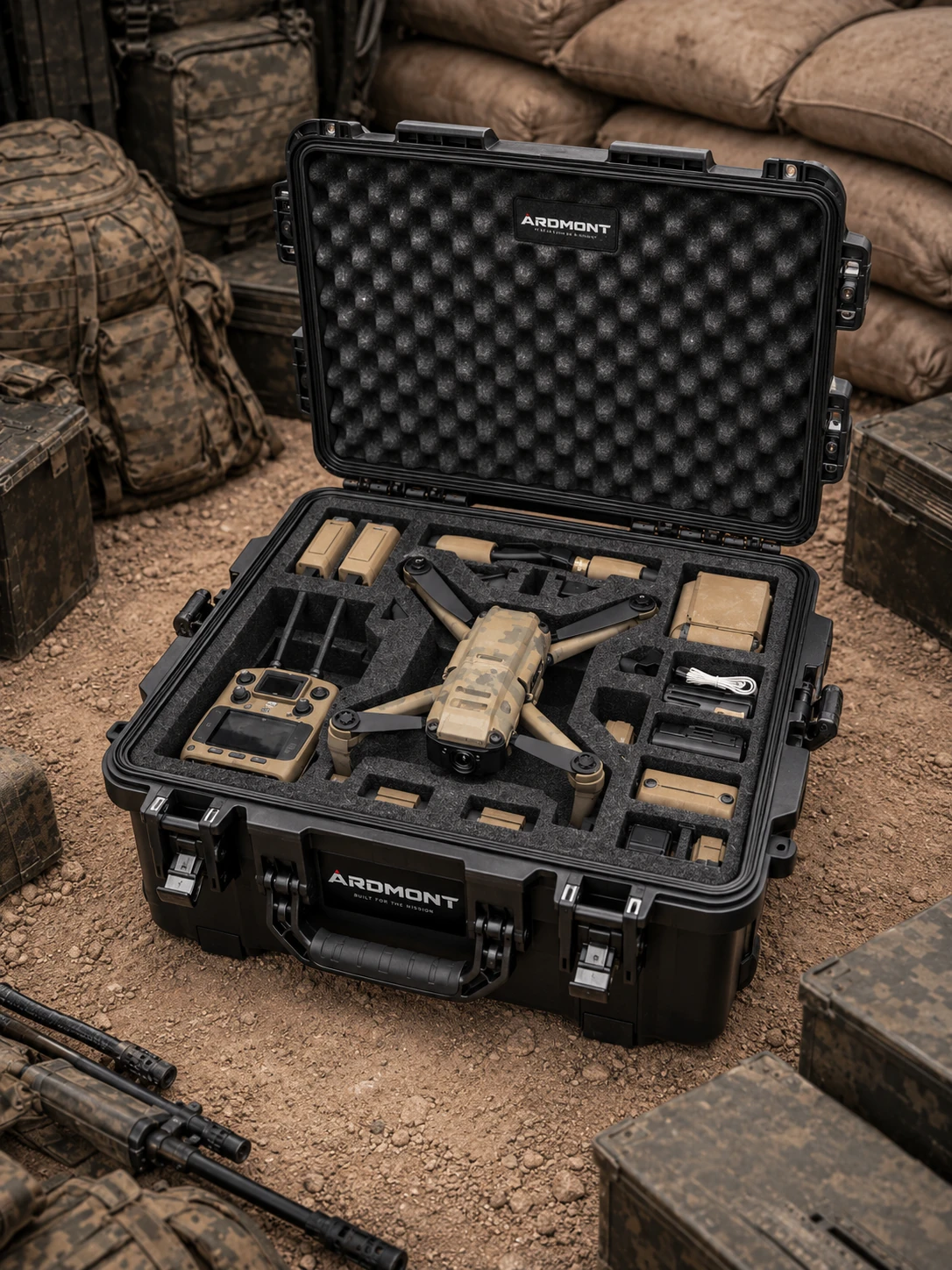 Ardmont Drone Case with Fitted Foam Open black Ardmont drone case with fitted foam holding a drone, controller and accessories
