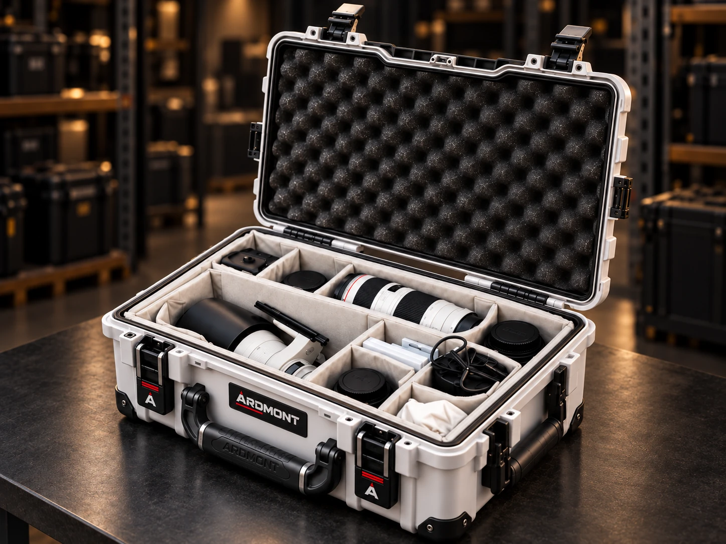 Open white Ardmont camera case with padded dividers organizing a camera and lenses