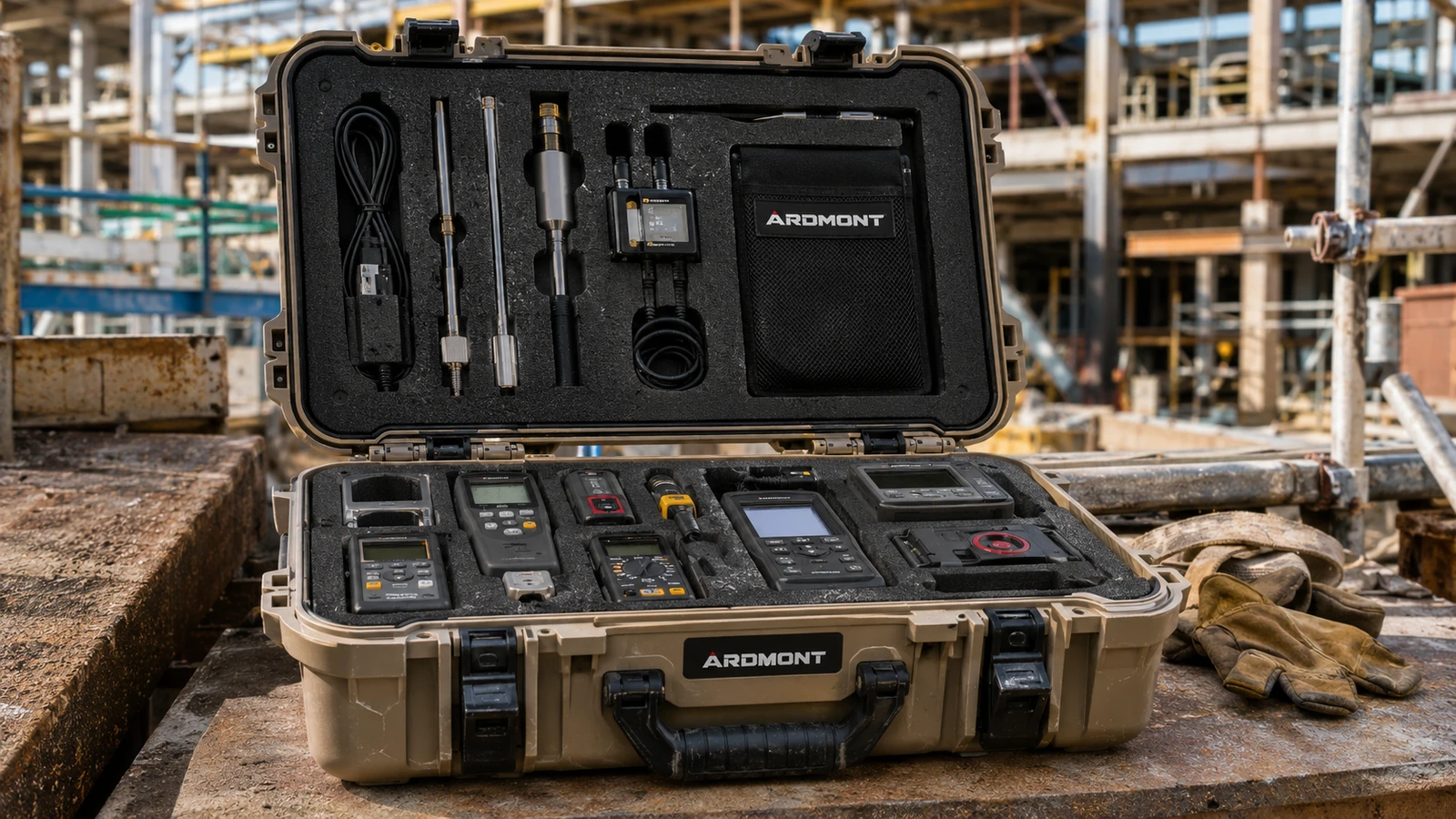 Open tan Ardmont equipment case with fitted tools and a lid organizer at a worksite