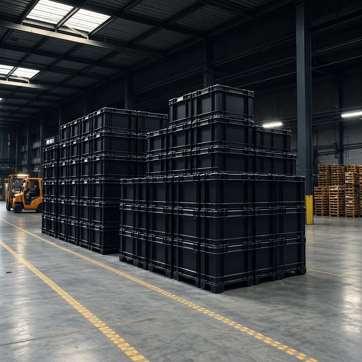 Illustrative warehouse scene with complete main stacks of black ribbed storage crates