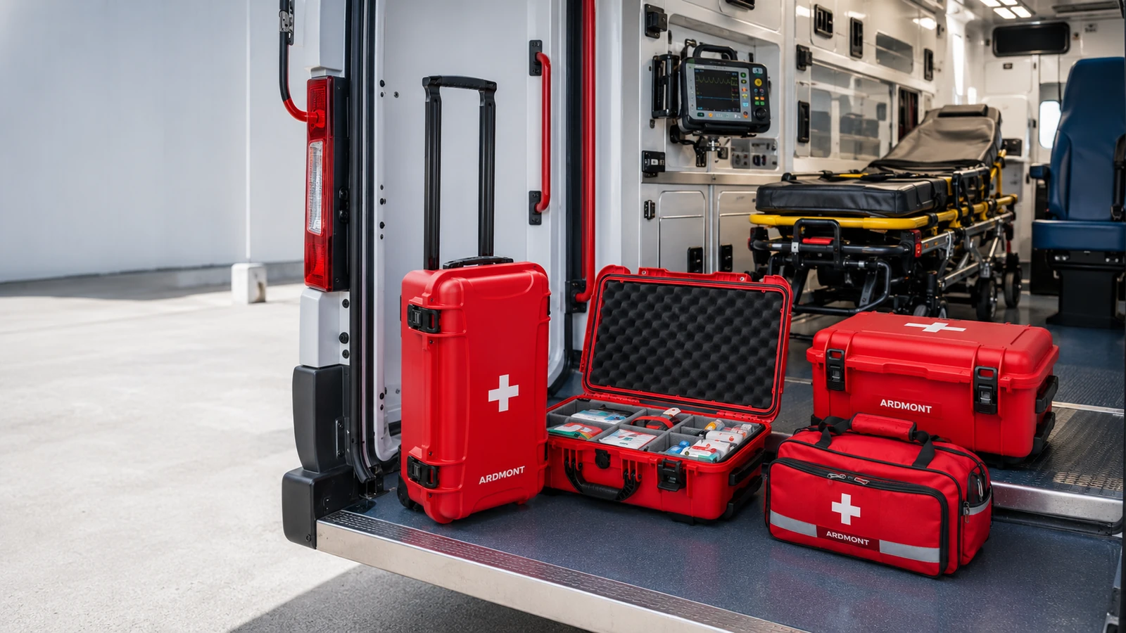 Red Ardmont medical and first aid cases arranged at the rear of an ambulance