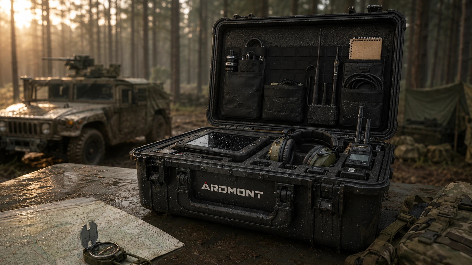 Open black Ardmont protective case holding field equipment in a forest setting