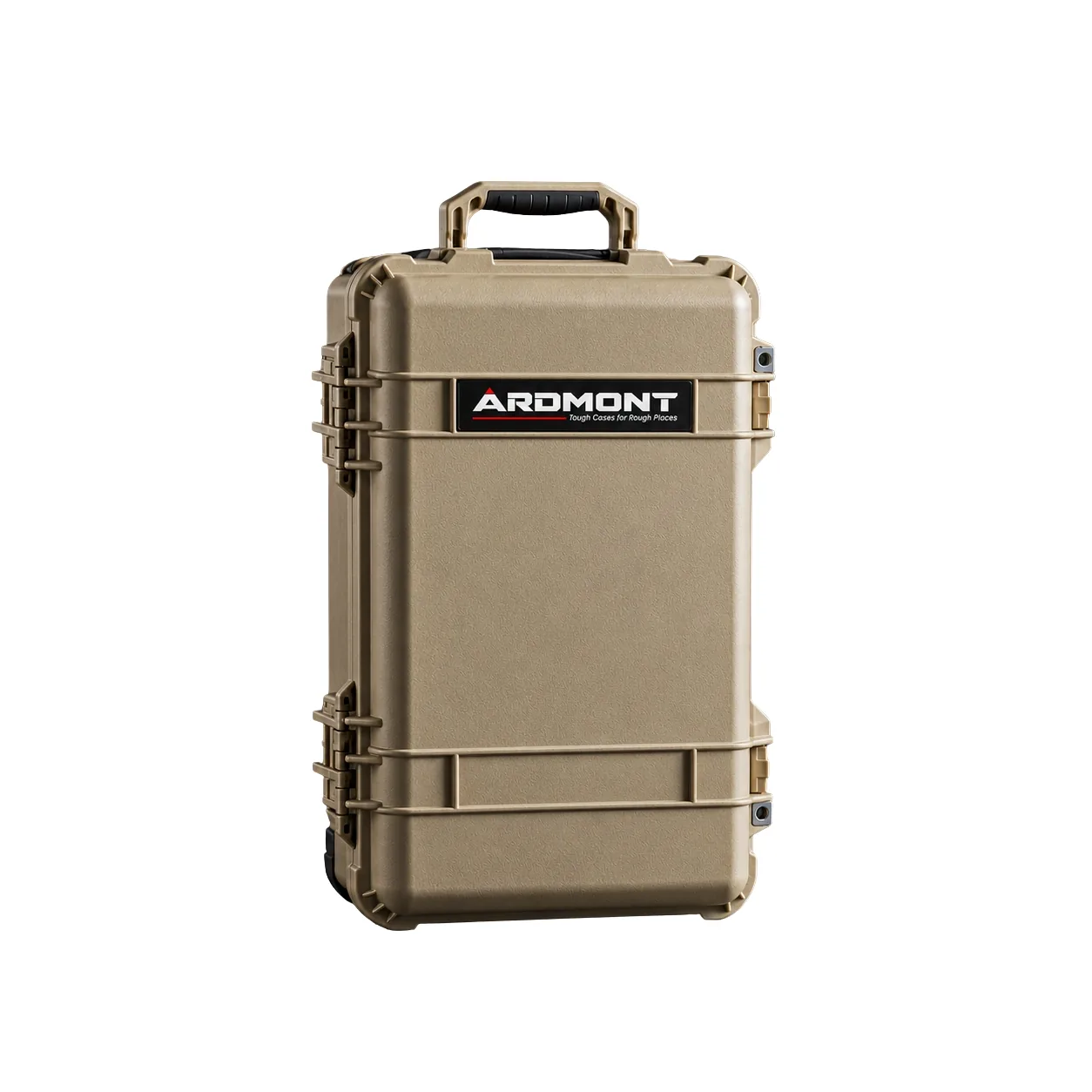 Tan Ardmont hard protective case with handle, latches and wheels on a white background