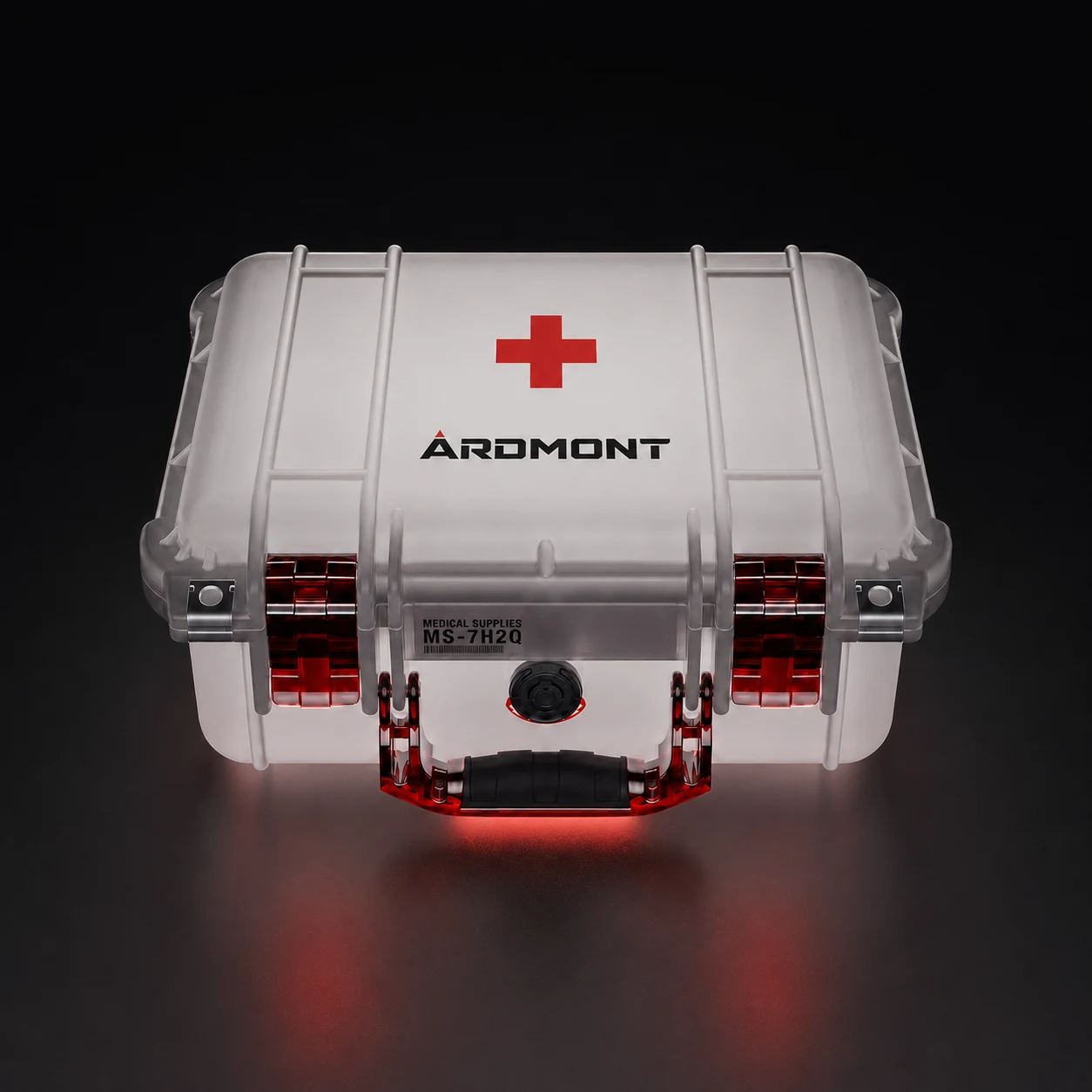 Complete white translucent Ardmont medical protective case with red latches on a dark studio backdrop