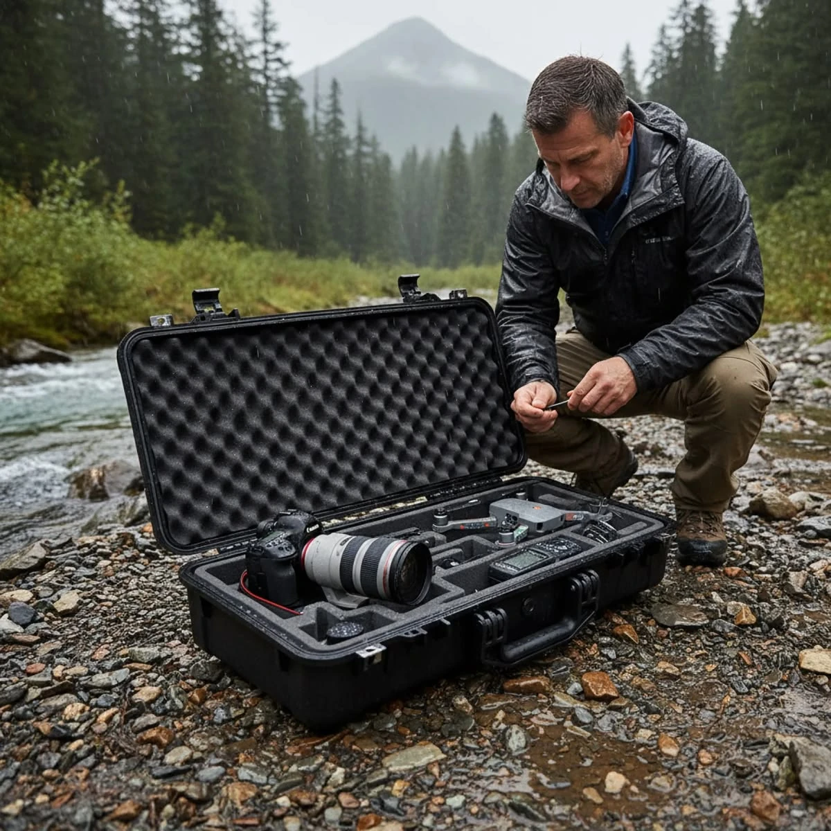 Photographer accessing a camera and telephoto lens in an open Ardmont protective case outdoors
