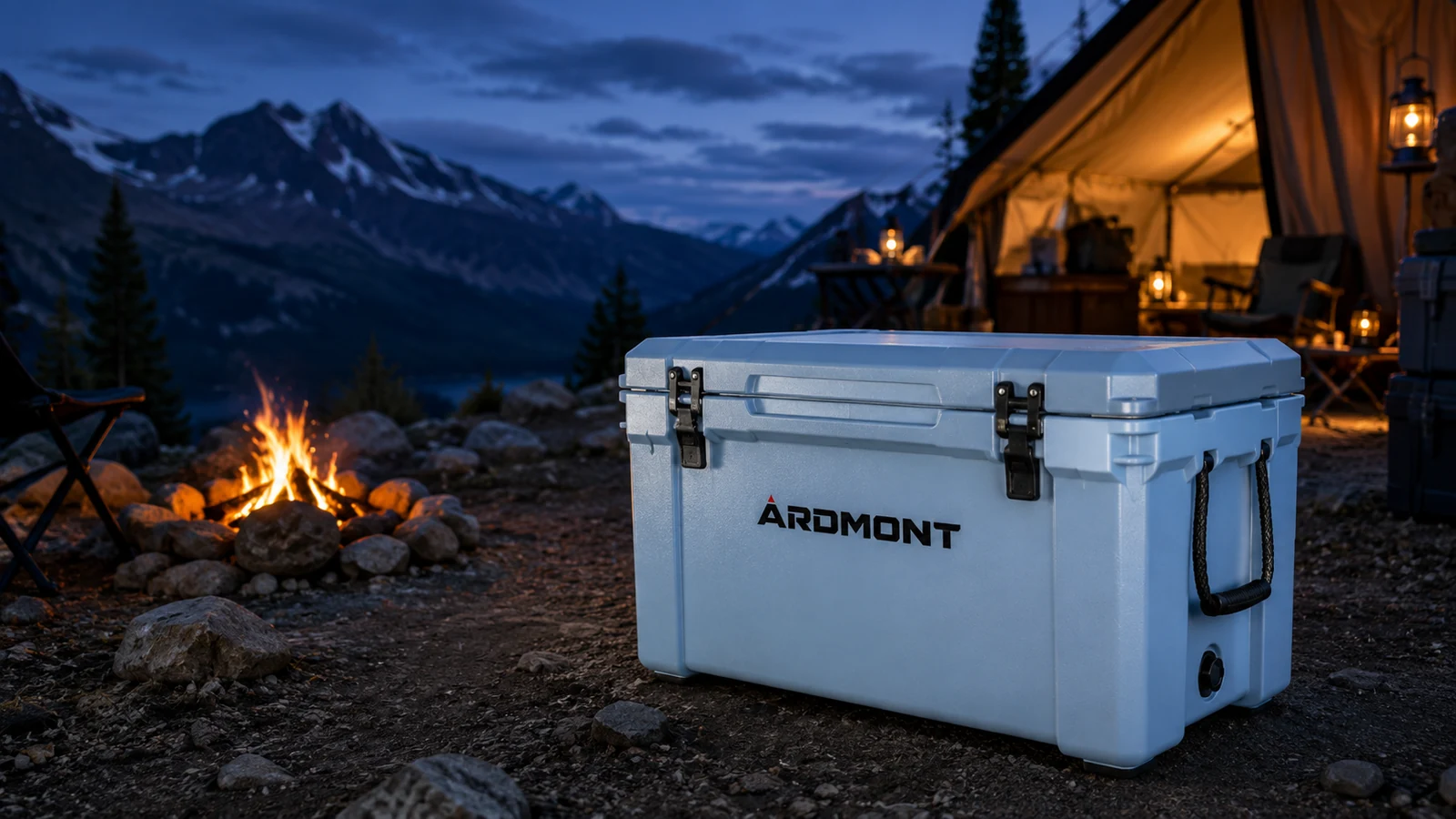Complete blue Ardmont insulated cooler beside a campfire at a mountain campsite