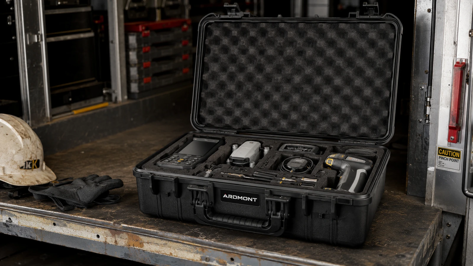 Open black Ardmont equipment case with fitted tools in a workshop