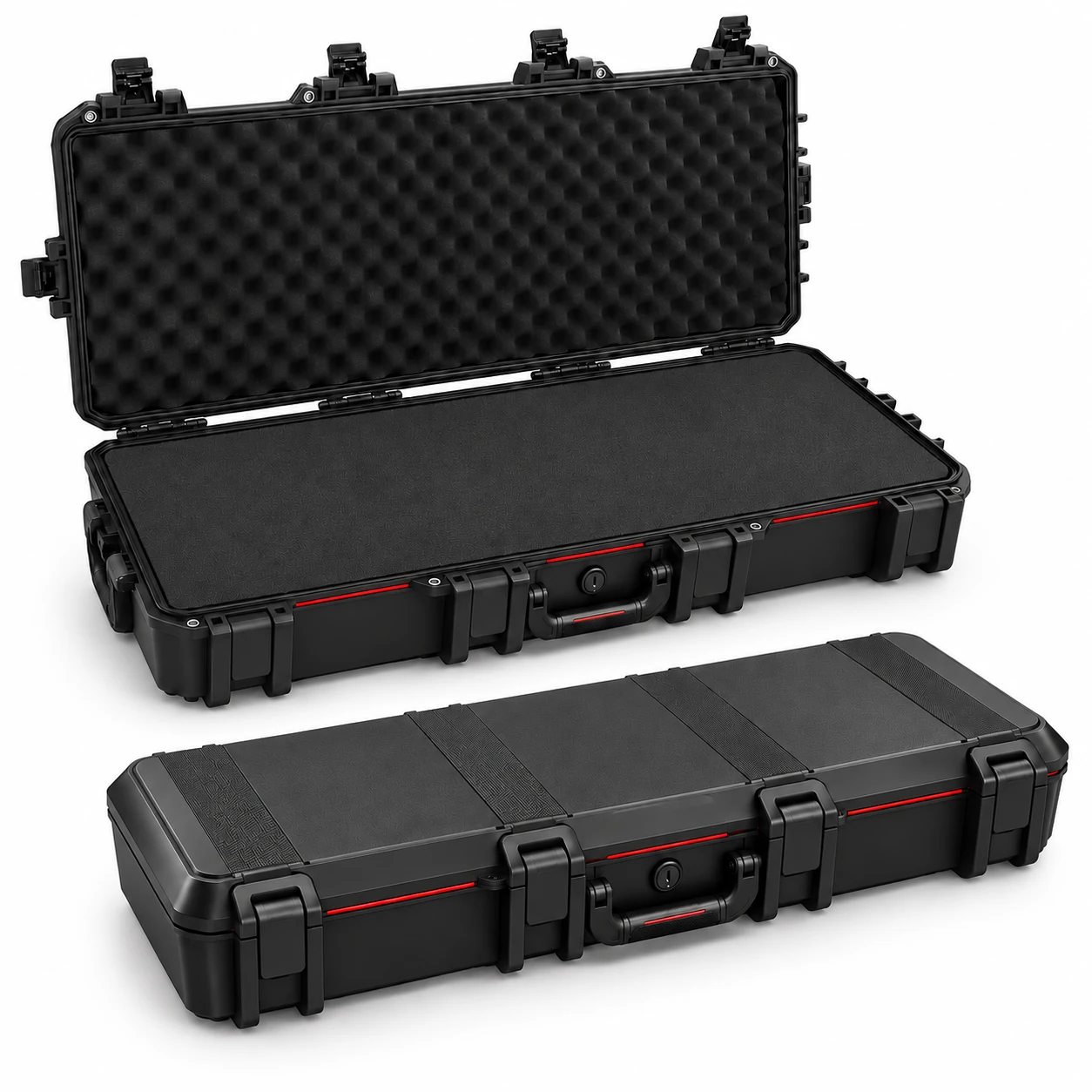 Open and closed black Ardmont long gun cases with foam interiors on a white background
