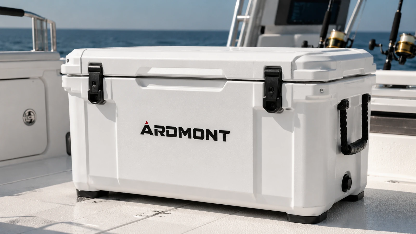 Ardmont Insulated Hard Cooler on a Boat White Ardmont insulated hard cooler with black latches and a side handle on a boat deck