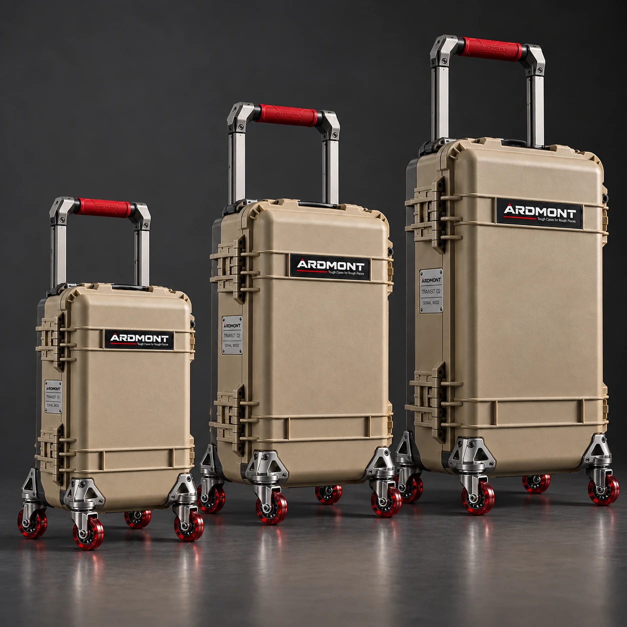 Three tan Ardmont hard-shell travel cases with telescopic handles and wheels in different sizes
