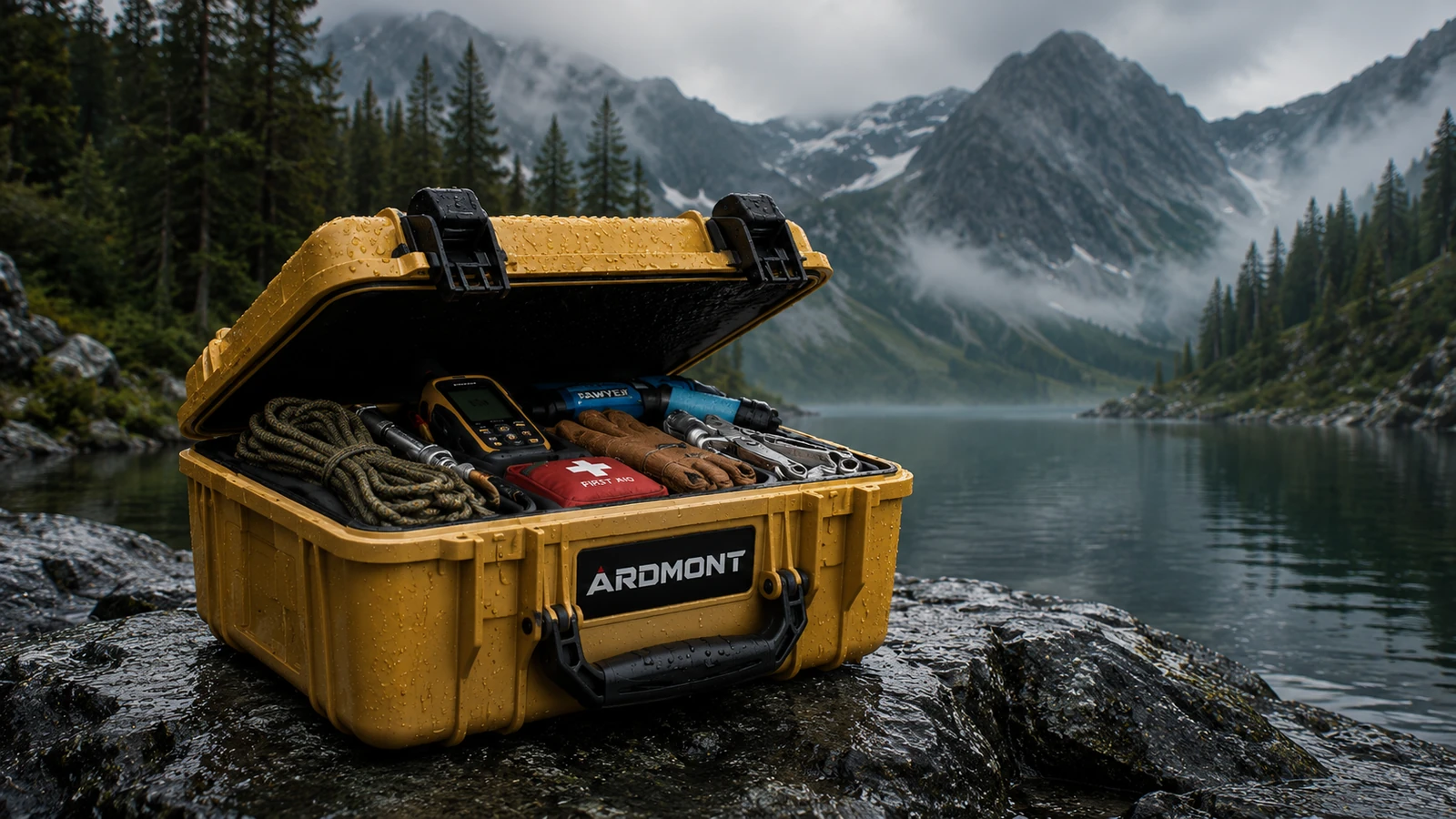 Open yellow Ardmont protective case with organized equipment beside a mountain lake