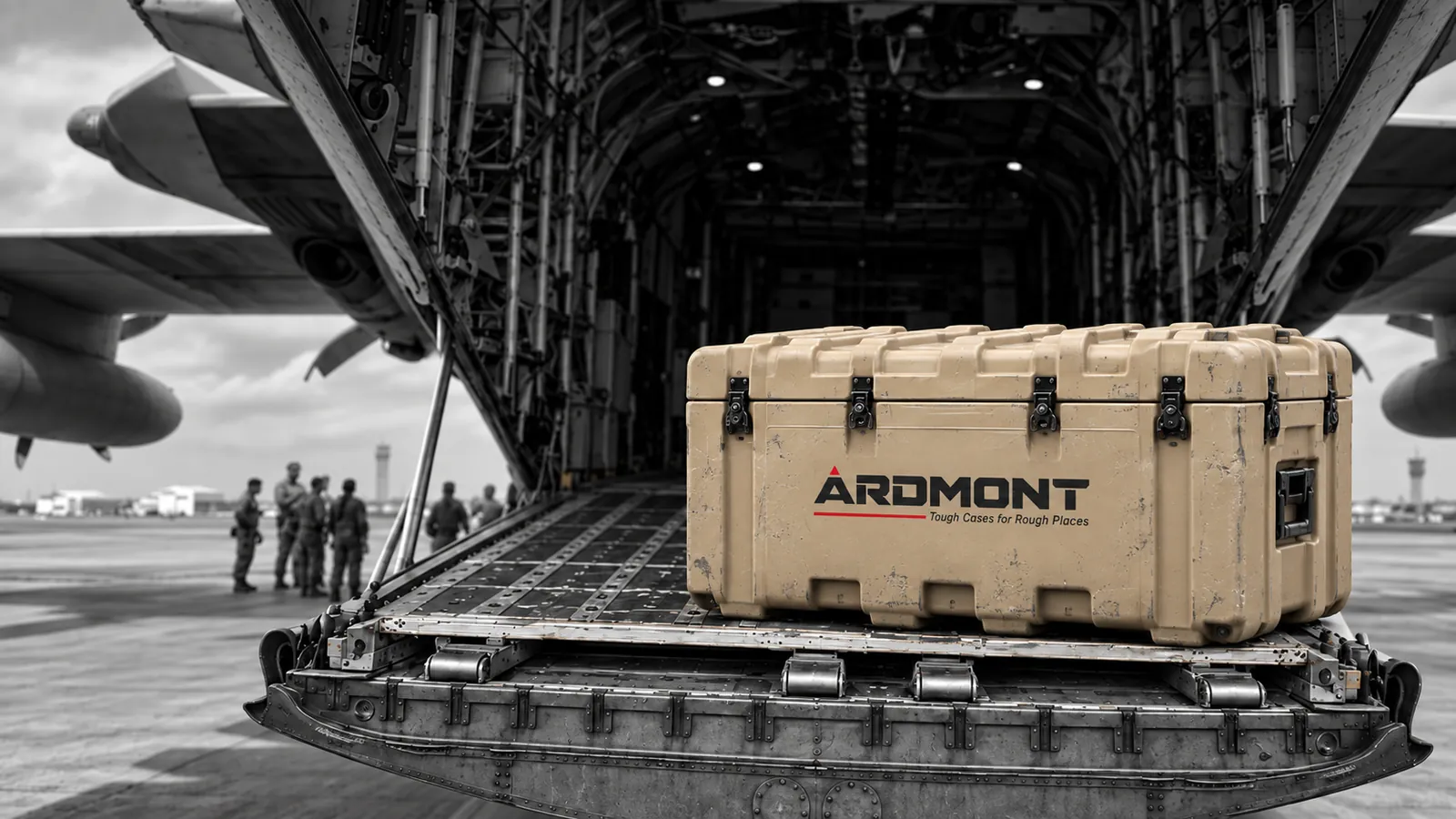 Tan Ardmont protective hard case on the cargo loading ramp of a military transport aircraft