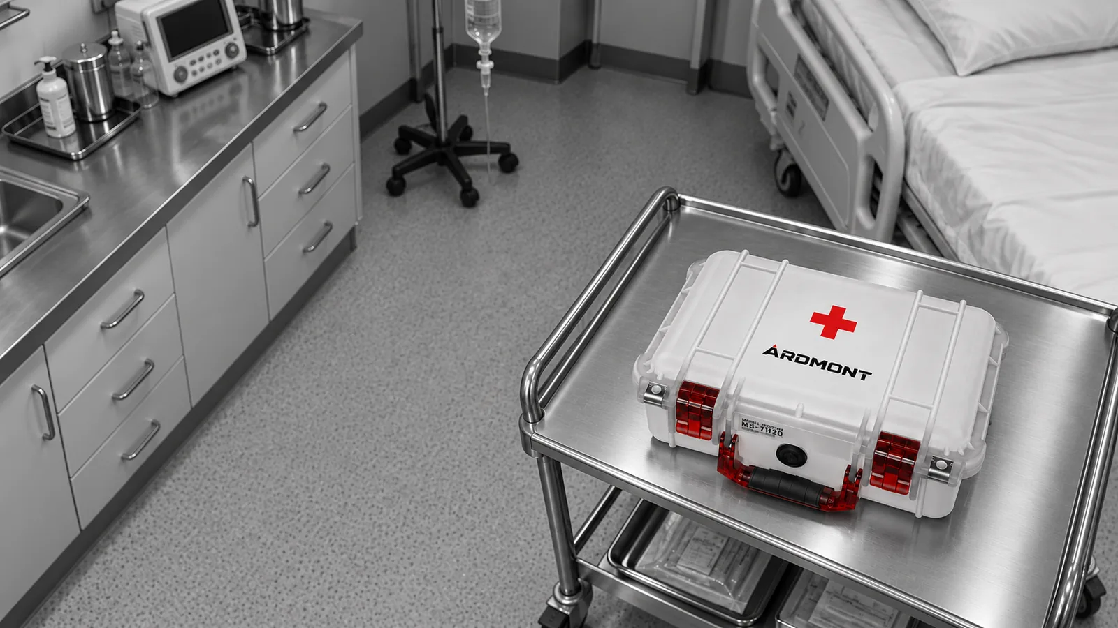White Ardmont medical supply case with a red cross on a stainless steel trolley in a clinic treatment room
