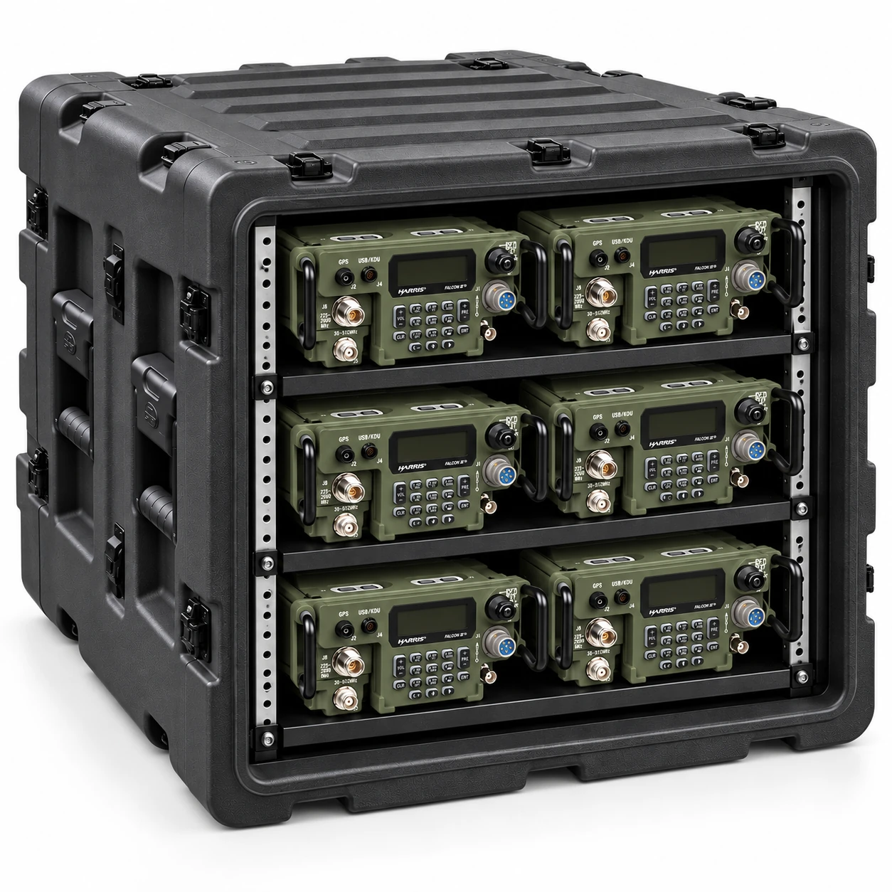 Black Ardmont rugged rack case holding six green field radios on a white background