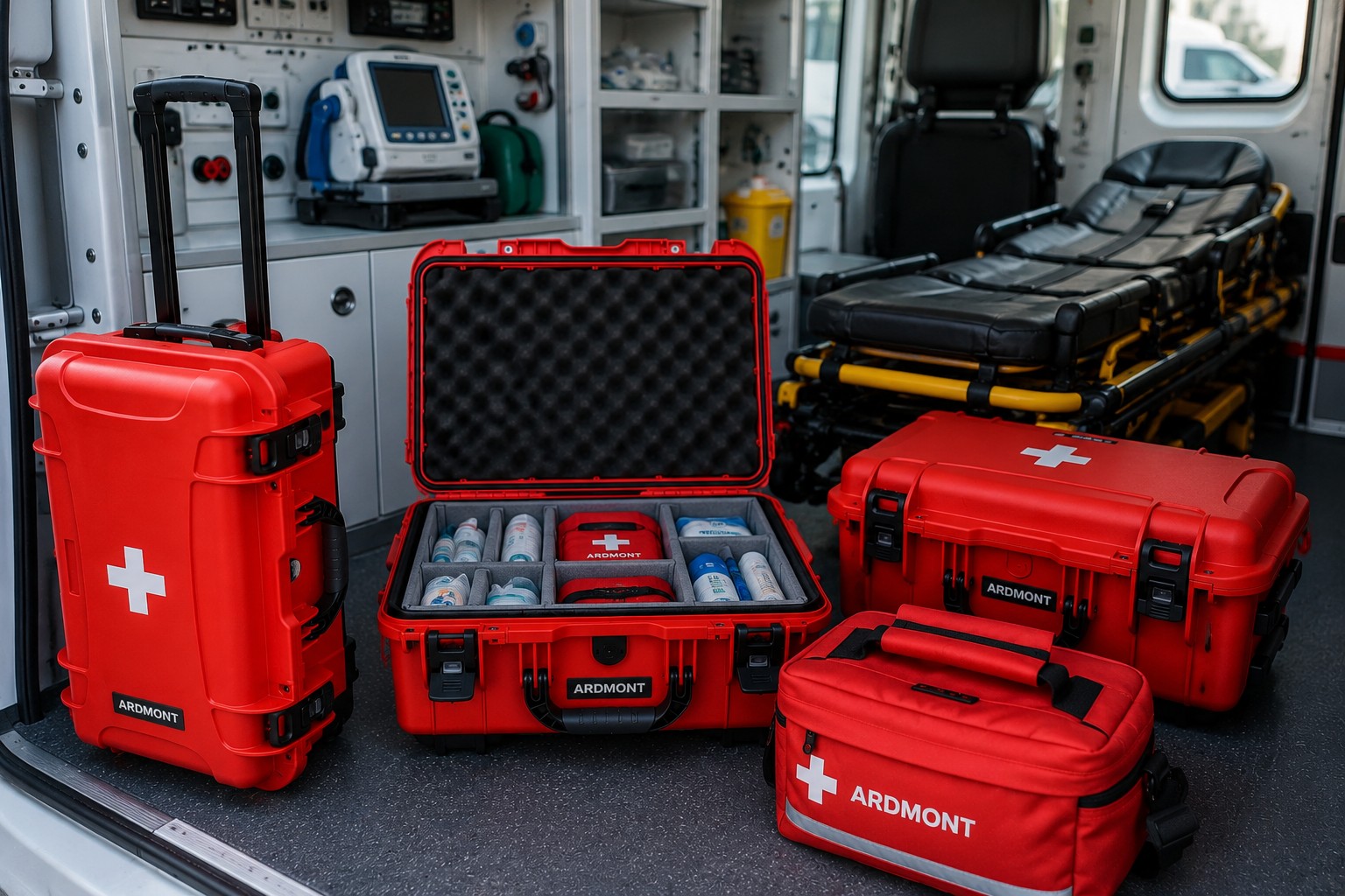 Ardmont red medical transport cases and EMS equipment inside an ambulance.