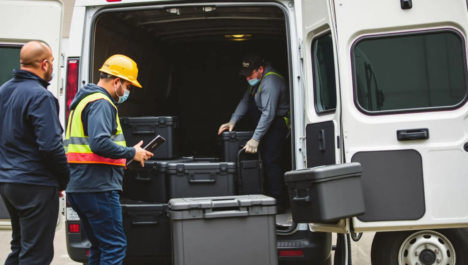 Public works team unloading rugged black transport cases from a utility van